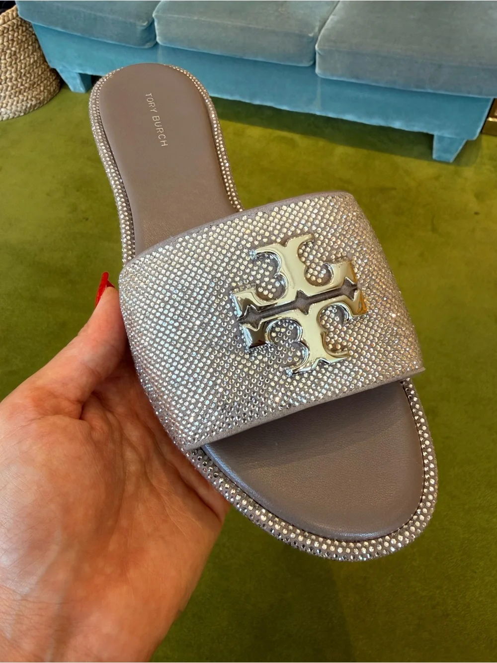 $375‎ Tory Burch Everly Rhinestone Slide Sandals, Dark Clay / Silver, RUNS SMALL
